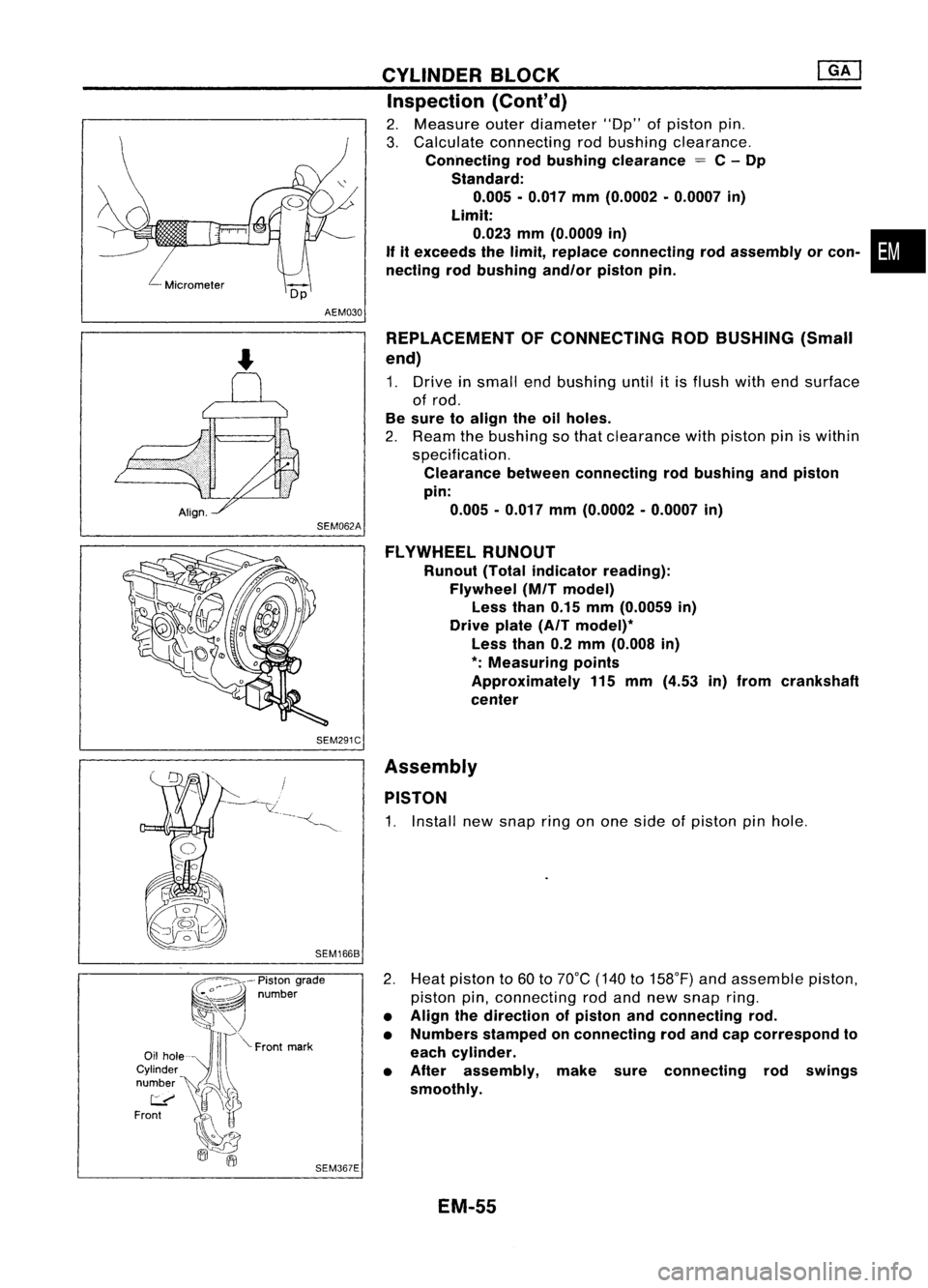 NISSAN ALMERA N15 1995  Service Manual AEM030
SEM062A
SEM291C
SEM367E CYLINDER
BLOCK ~
Inspection (ConI'd)

2. Measure outerdiameter lOOp"ofpiston pin.
3. Calculate connecting rodbushing clearance.

Connecting rodbushing clearance 