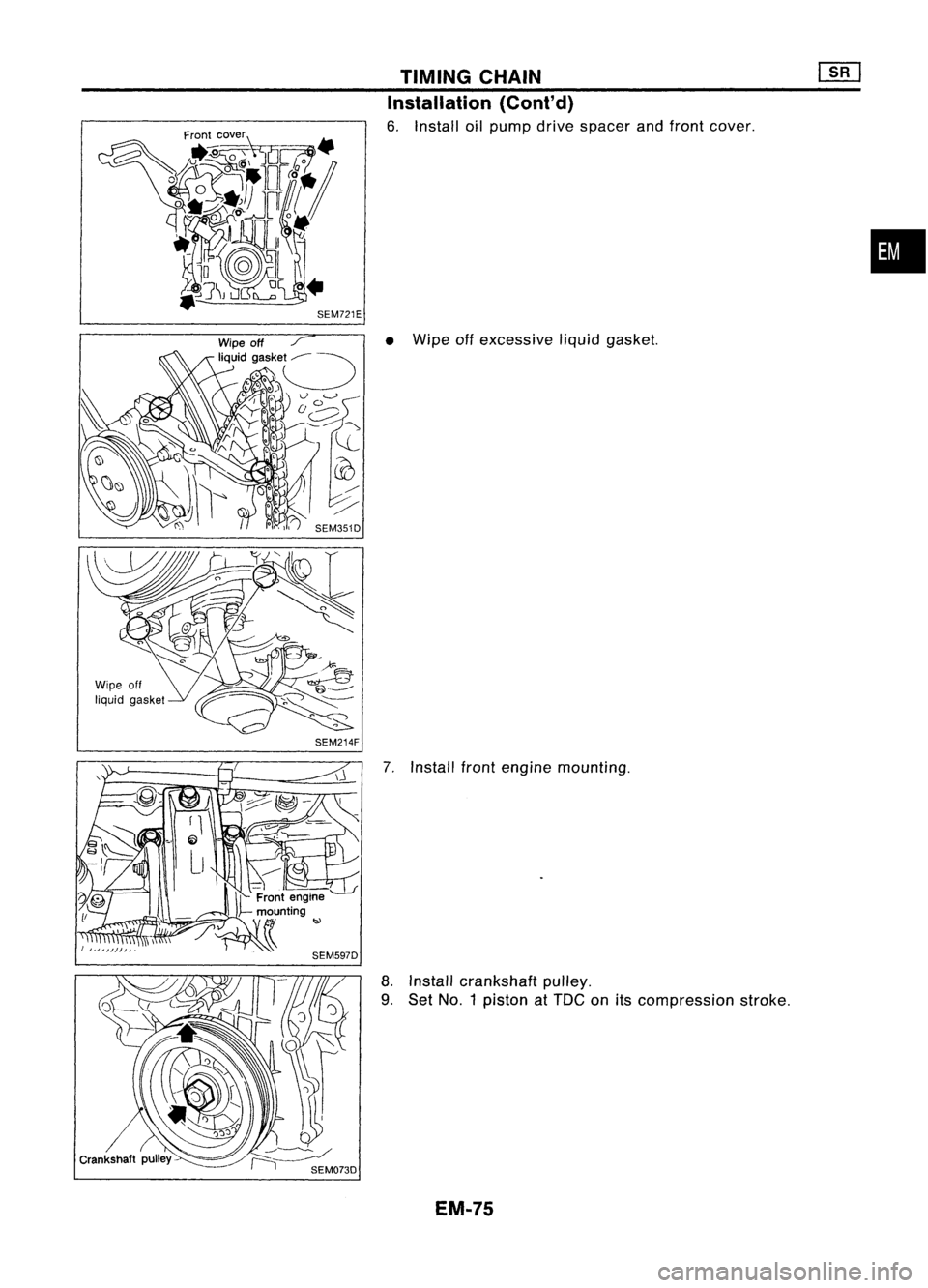 NISSAN ALMERA N15 1995  Service Manual Wipeoff

liquid gasket

SEM214FTIMING
CHAIN ~
Installation (Cont'd)

6. Install oilpump drivespacer andfront cover .
• Wipe offexcessive liquidgasket. 
•

7. Install frontengine mounting.
8. I