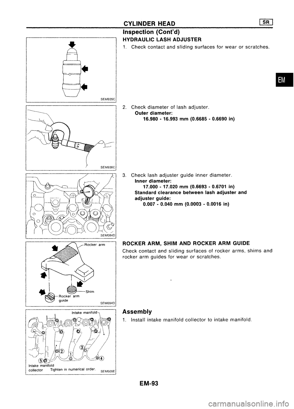 NISSAN ALMERA N15 1995  Service Manual 
•
SEM935C

Rocker arm

SEM694D CYLINDER
HEAD
Inspection (Cont'd)
HYDRAULIC LASHADJUSTER

1. Check contact andsliding surfaces forwear orscratches .
2. Check diameter oflash adjuster.

Outer dia