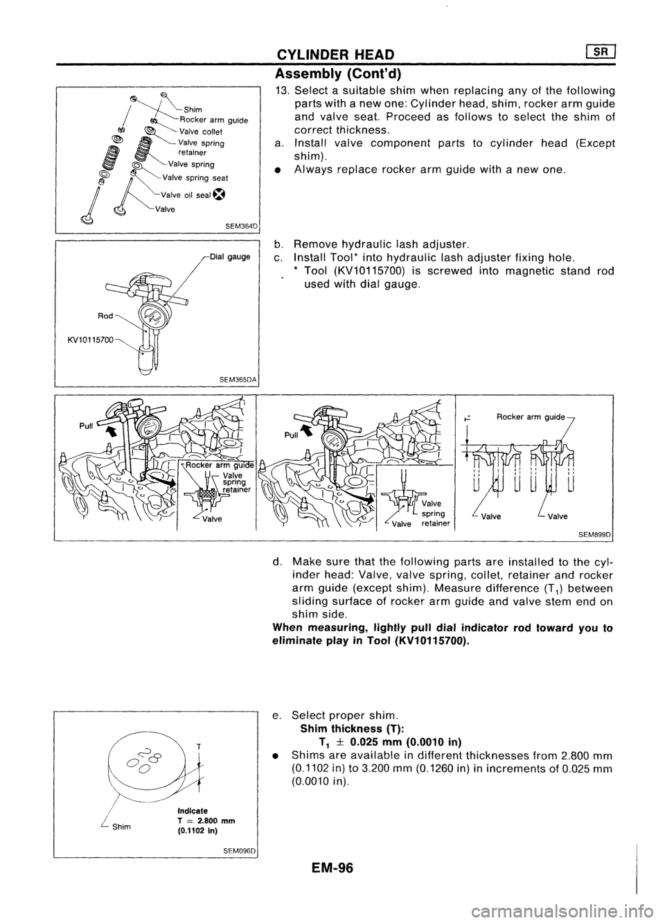 NISSAN ALMERA N15 1995  Service Manual 
/1!!i1*Shim
~ Rocker armguide

Ij9 ~~
Valve collet

~ I::: 
Valvespring

l!I 
retainer

I!1!i! ~
'Valve spring
~ ~~ ~Valve springseat

j 
Valveoilseal ~
Valve
SEM364DCYLINDER
HEAD ~

Assembly (Co