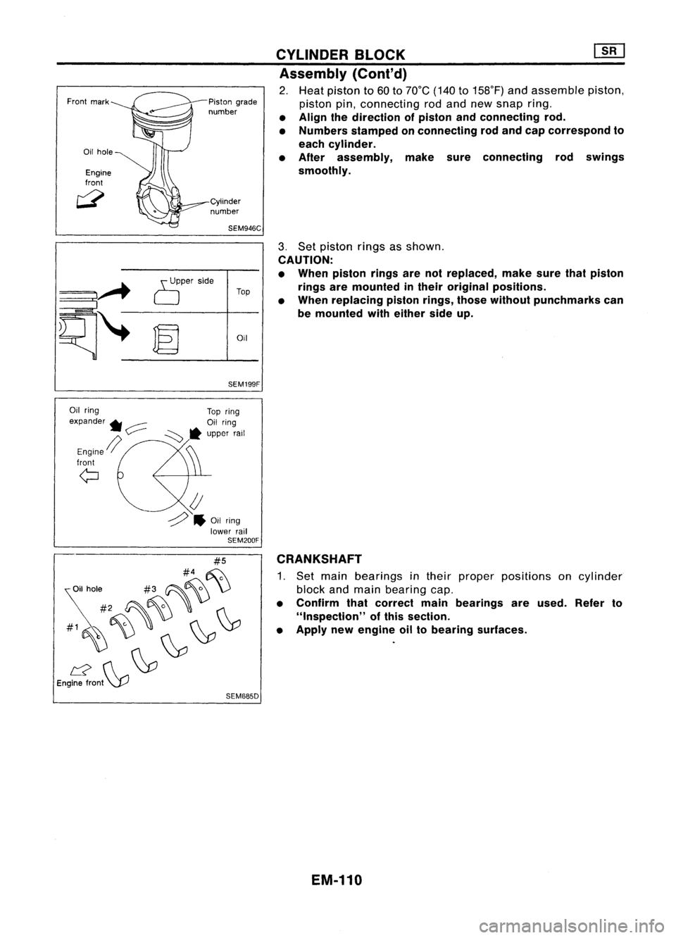 NISSAN ALMERA N15 1995  Service Manual Frontmark
Oil hole
Engine
front Piston
grade
number
Cylindernumber
SEM946C

Top
Oil

SEM199F CYLINDER
BLOCK []:[J
Assembly (Conl'd)

2. Heat piston to60 to70°C (140to158°F) andassemble piston,
p