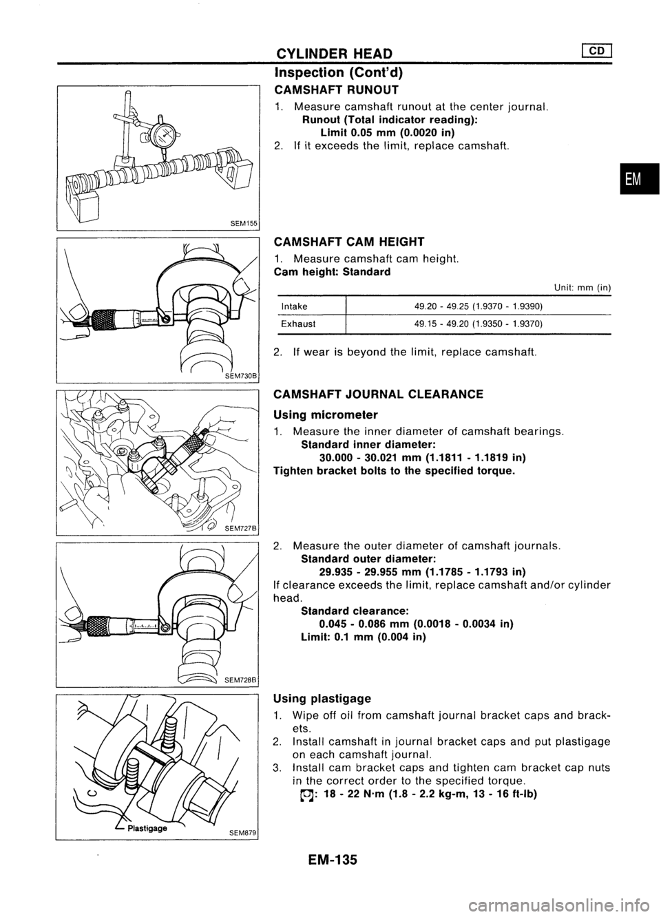 NISSAN ALMERA N15 1995  Service Manual CAMSHAFTCAMHEIGHT

1. Measure camshaft camheight.

Cam height: Standard
Using micrometer

1. Measure theinner diameter ofcamshaft bearings.

Standard innerdiameter:
30.000 -30.021 mm(1.1811 -1.1819 in