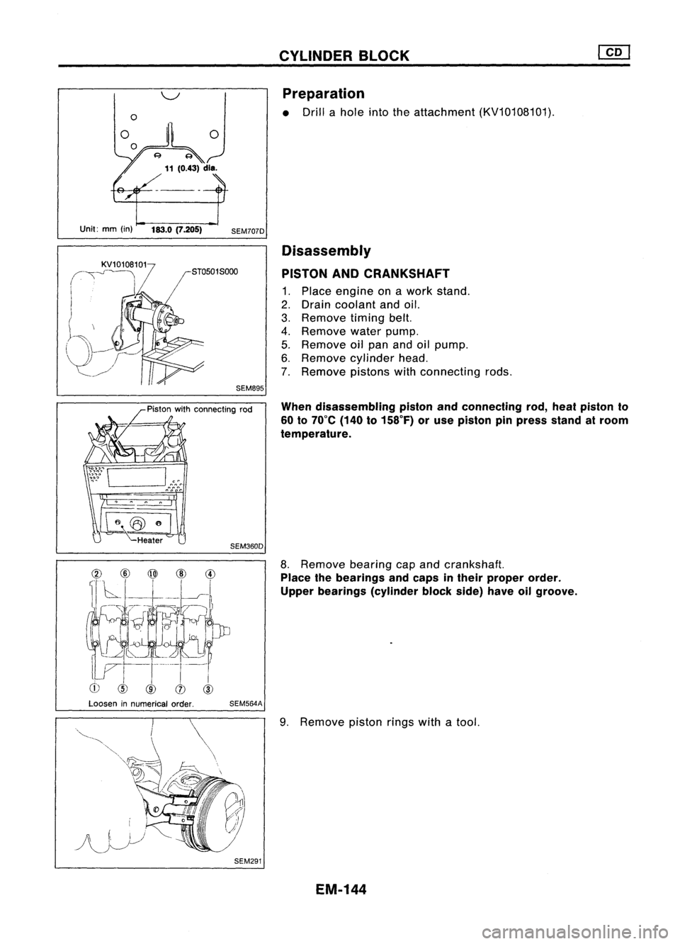 NISSAN ALMERA N15 1995  Service Manual 
Unit:mm(in) 183.0(7.205)

SEM707DCYLINDER
BLOCK
Preparation

• Drill ahole intotheattachment (KV10108101).

Disassembly
PISTON ANDCRANKSHAFT

1. Place engine onawork stand.
2. Drain coolant andoil.