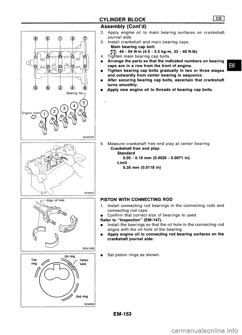 NISSAN ALMERA N15 1995  Service Manual Enginefront1
t;J
SEM230F
~~~:::~" 
IJ

~ 2ndring
SEM909 CYLINDER
BLOCK 
[ill

Assembly (Cont'd)

2. Apply engine oiltomain bearing surfaces oncrankshaft
journal side.
3. Install crankshaft and