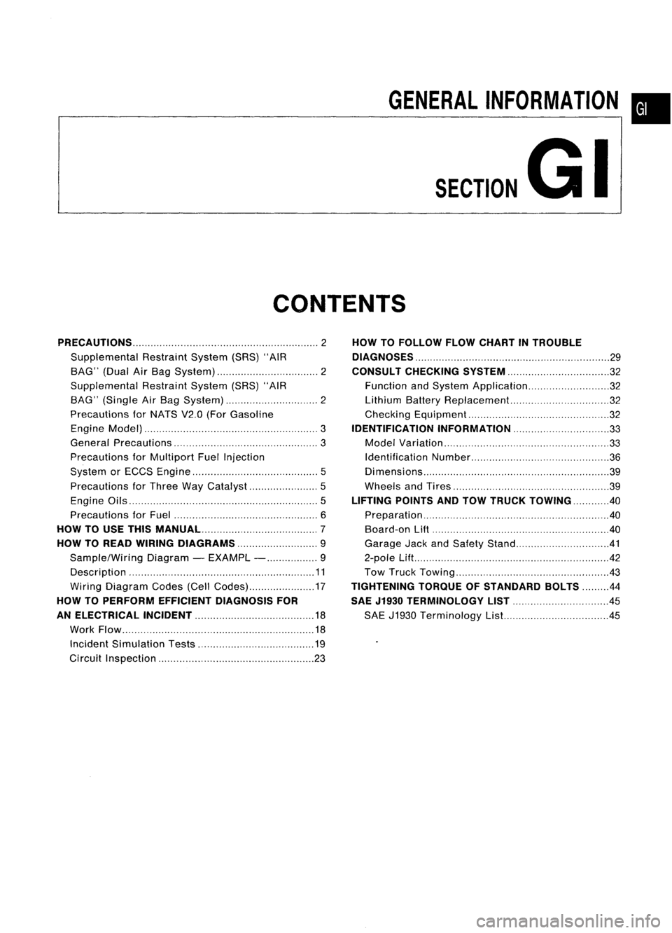 NISSAN ALMERA N15 1995  Service Manual 
GENERALINFORMATION •
SECTION 
G
I

CONTENTS
PRECAUTIONS 2

Supplemental RestraintSystem(SRS)"AIR
BAG" (DualAirBag System) 2
Supplemental RestraintSystem(SRS)"AIR
BAG" (Single AirBag
