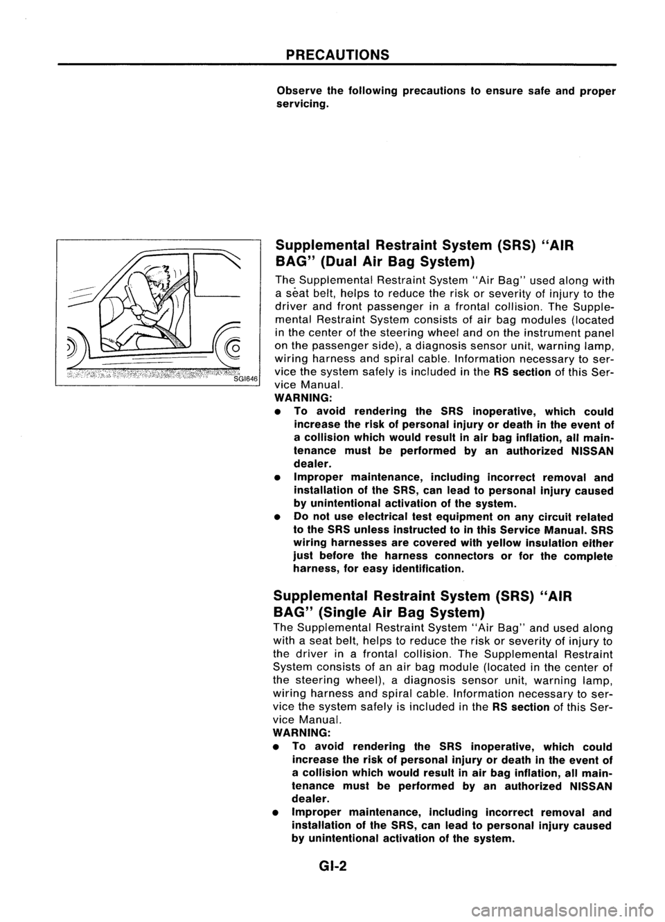 NISSAN ALMERA N15 1995  Service Manual 
PRECAUTIONS

Observe thefollowing precautions toensure safeandproper
servicing.

Supplemental RestraintSystem(SRS)"AIR
BAG" (DualAirBag System)

The Supplemental RestraintSystem"AirBag