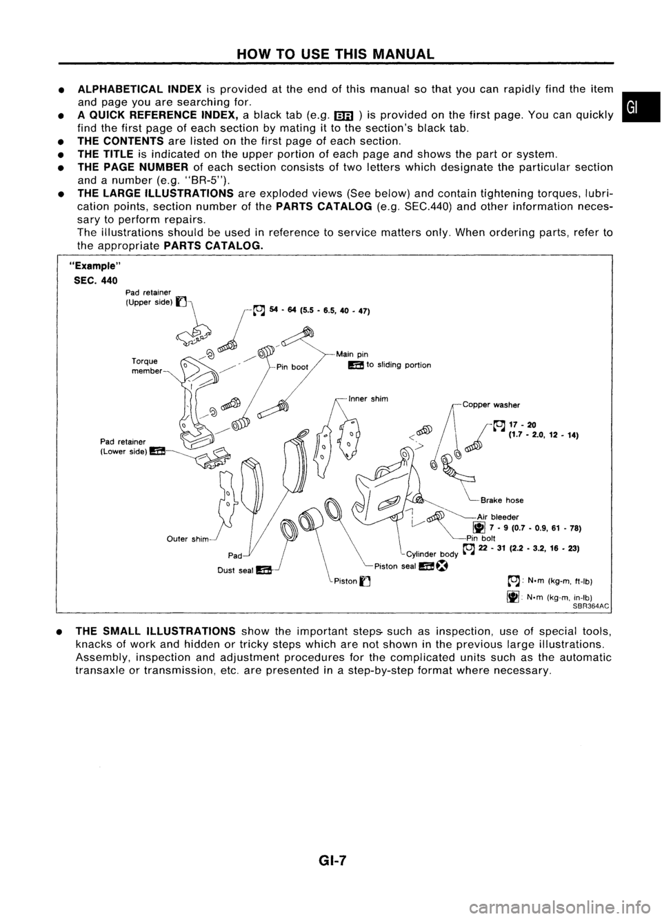 NISSAN ALMERA N15 1995  Service Manual HOWTOUSE THIS MANUAL
•
•
•

•

•
• 
ALPHABETICAL
INDEXisprovided atthe end ofthis manual sothat youcan rapidly findtheitem •
and page youaresearching for.
A QUICK REFERENCE INDEX,ablack 