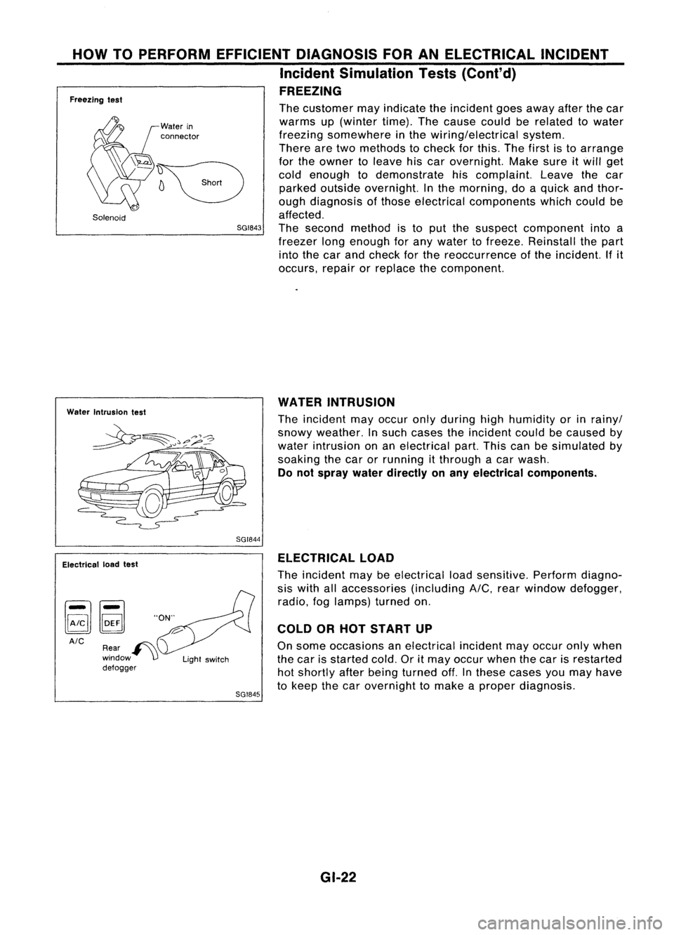 NISSAN ALMERA N15 1995  Service Manual HOWTOPERFORM EFFICIENT DIAGNOSIS FORANELECTRICAL INCIDENT
Incident Simulation Tests(Cont'd)
FREEZING

Freezing test

Solenoid 
Water
in

connector 
The
customer mayindicate theincident goesaway af