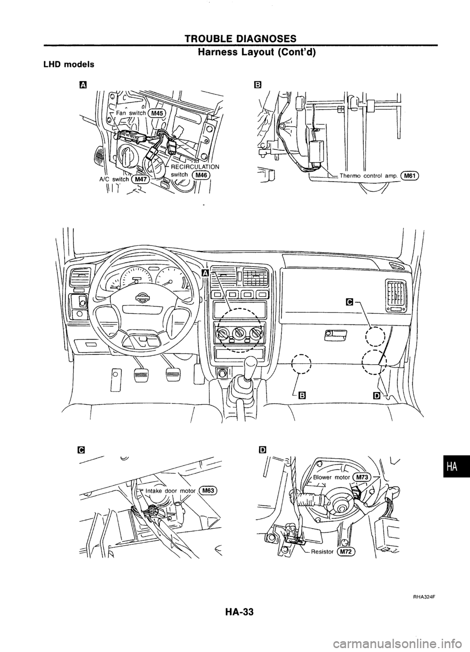 NISSAN ALMERA N15 1995  Service Manual 
Thermocontrolamp.
(M61)

\--7/
LHD
models TROUBLE
DIAGNOSES
Harness Layout
(Cont'd)

I 
HA-33 
,-

.....

I \

I

l~'

\

RHA324F
• 