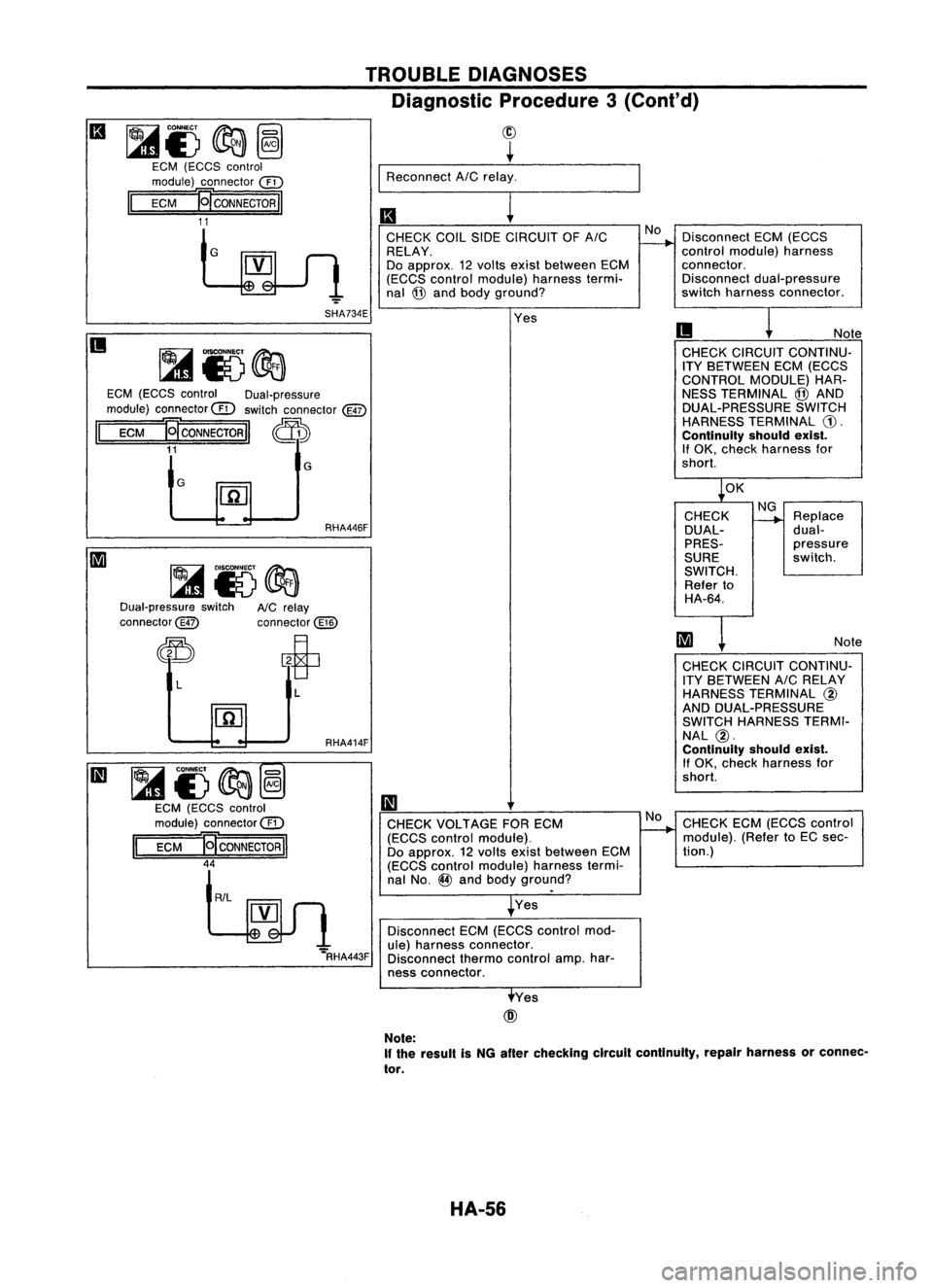 NISSAN ALMERA N15 1995  Service Manual 
~CONNECT ~
(gl

l41E) ~
@

EGM (EGGS control
module) connector 
@

II 
EGM 
J9"CONNECTORII

11 TROUBLE
DIAGNOSES
Diagnostic Procedure3
(Co nt'd)

~ ~

I 
Reconnect AICrelay_. _..._

II 
!

EG