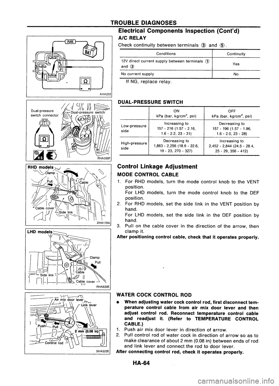 NISSAN ALMERA N15 1995  Service Manual TROUBLEDIAGNOSES
Electrical Components Inspection(Cont'd)
AIC RELAY

Check continuity betweenterminals 
<ID
and 
CID.

AHA233 
Conditions
12V direct current supplybetween terminals 
G)

and 
@

No