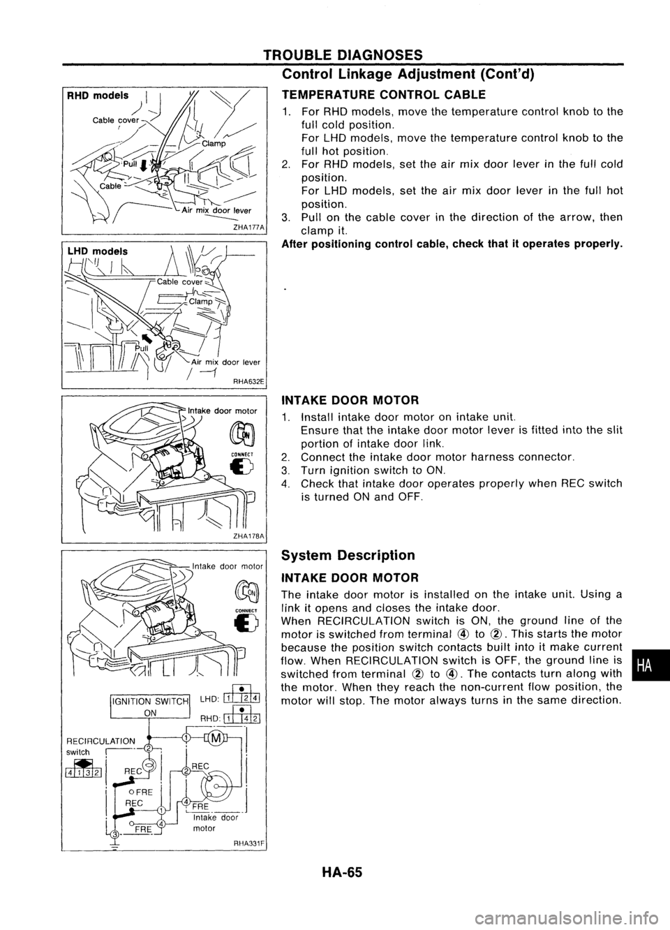 NISSAN ALMERA N15 1995  Service Manual TROUBLEDIAGNOSES
Control Linkage Adjustment (Cont'd)
TEMPERATURE CONTROLCABLE

1. For RHO models, movethetemperature controlknobtothe
full cold position.
For LHO models, movethetemperature control