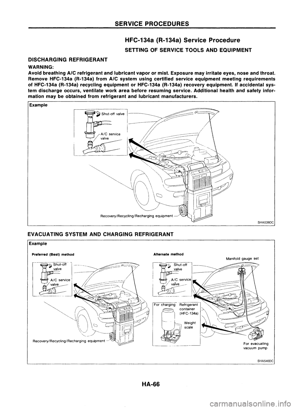 NISSAN ALMERA N15 1995  Service Manual SERVICEPROCEDURES
HFC-134a (R-134a)ServiceProcedure
SETTING OFSERVICE TOOLSANDEQUIPMENT
DISCHARGING REFRIGERANT

WARNING:
Avoid breathing 
A/C
refrigerant andlubricant vaporormist. Exposure mayirritat