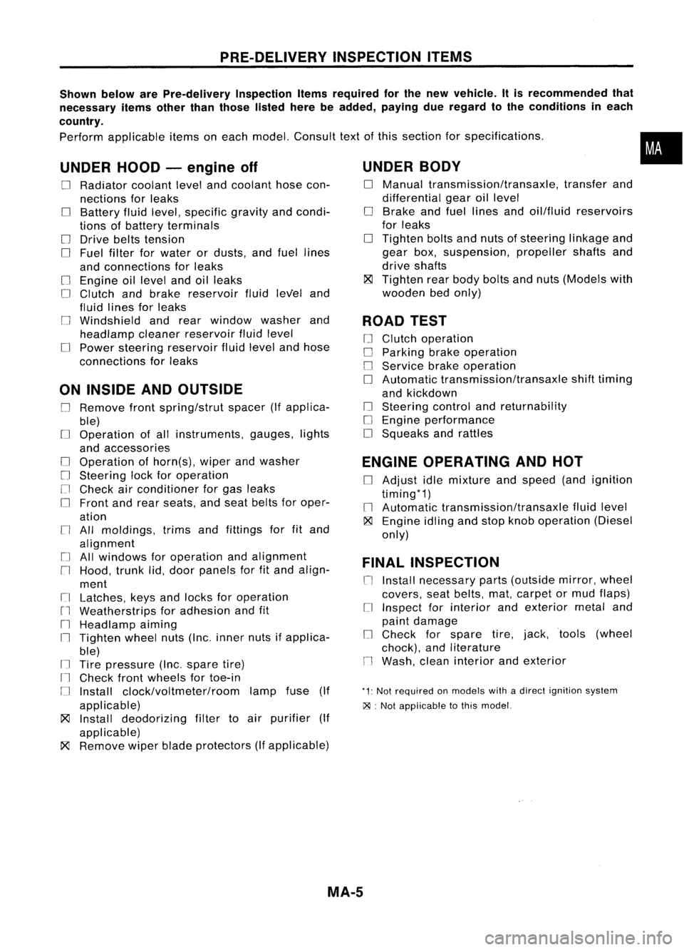 NISSAN ALMERA N15 1995  Service Manual PRE-DELIVERYINSPECTIONITEMS
Shown belowarePre-delivery InspectionItemsrequired forthe new vehicle. Itis recommended that
necessary itemsotherthanthose listedherebeadded, payingdueregard tothe conditio