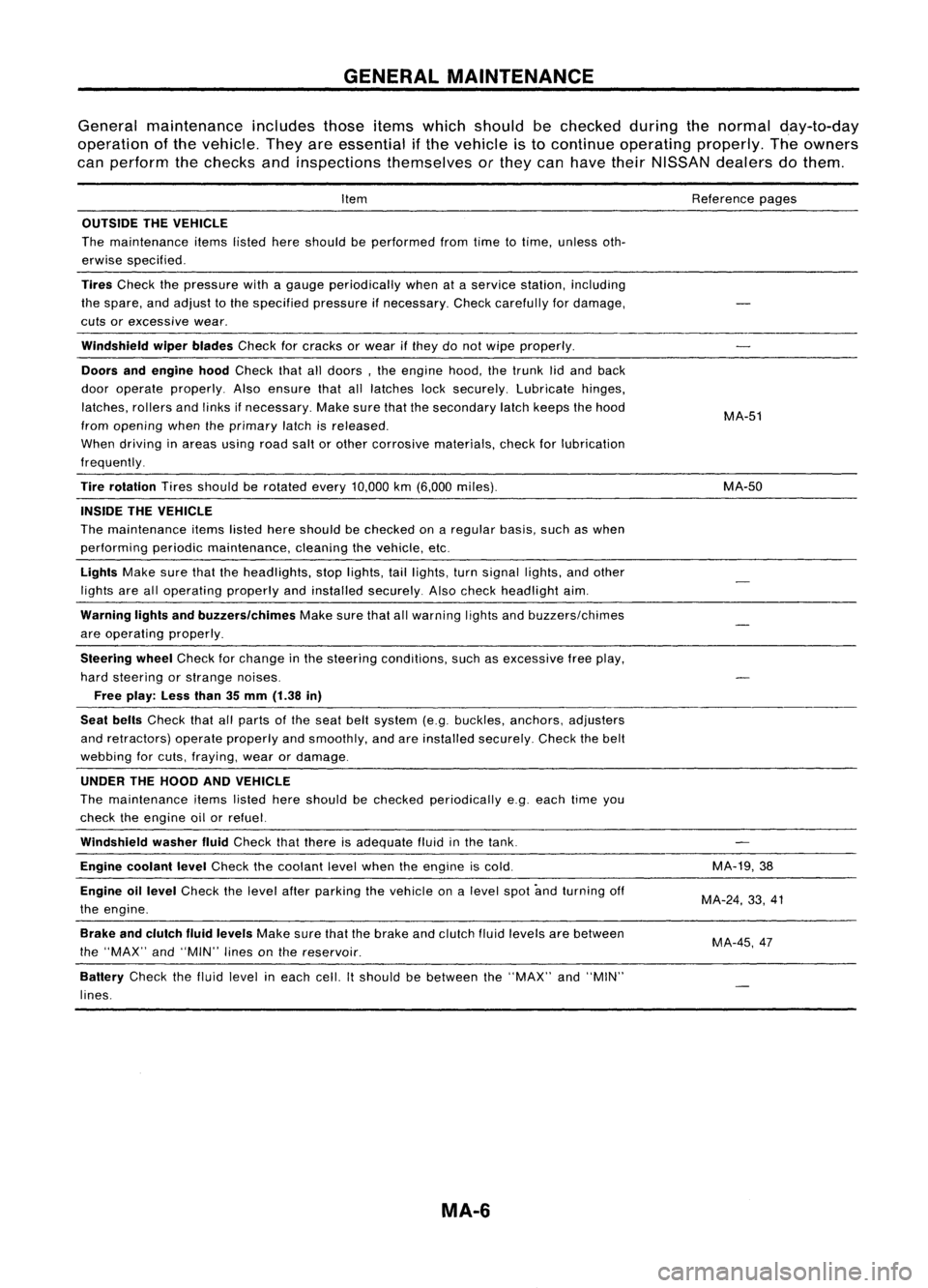 NISSAN ALMERA N15 1995  Service Manual GENERALMAINTENANCE

General maintenance includesthoseitemswhich should bechecked duringthenormal day-to-day
operation ofthe vehicle. Theyareessential ifthe vehicle isto continue operating properly.The