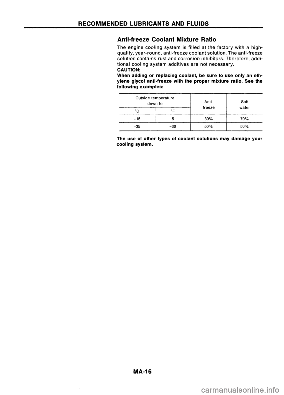NISSAN ALMERA N15 1995  Service Manual RECOMMENDEDLUBRICANTSANDFLUIDS
Anti-freeze CoolantMixtureRatio

The engine cooling systemisfilled atthe factory withahigh-
quality, year-round, anti-freezecoolantsolution. Theanti-freeze
solution cont
