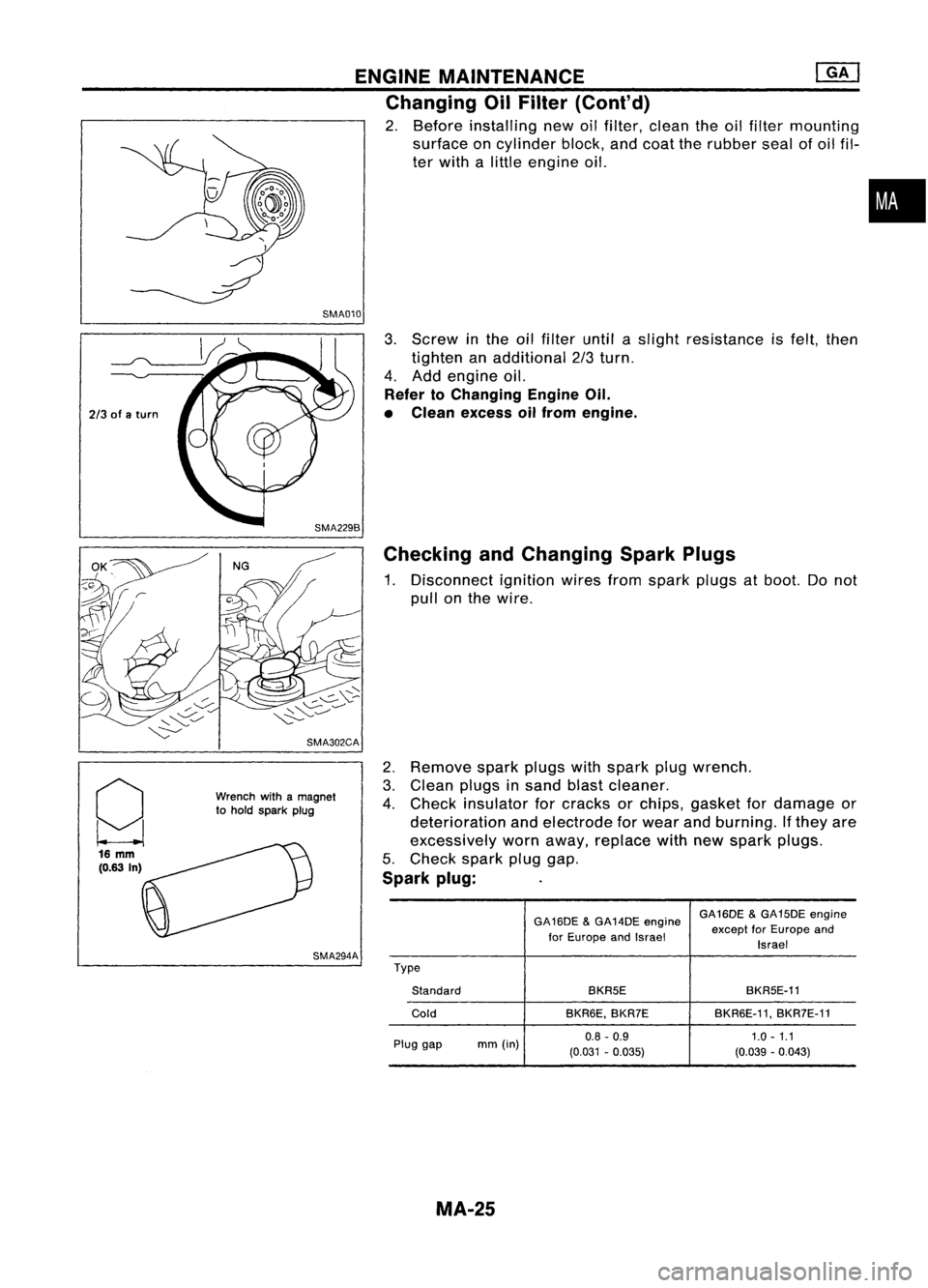 NISSAN ALMERA N15 1995  Service Manual ENGINEMAINTENANCE ~
Changing OilFilter (Cont'd)

2. Before installing newoilfilter, clean theoilfilter mounting
surface oncylinder block,andcoat therubber sealofoil fil-
ter with alittle engine oi