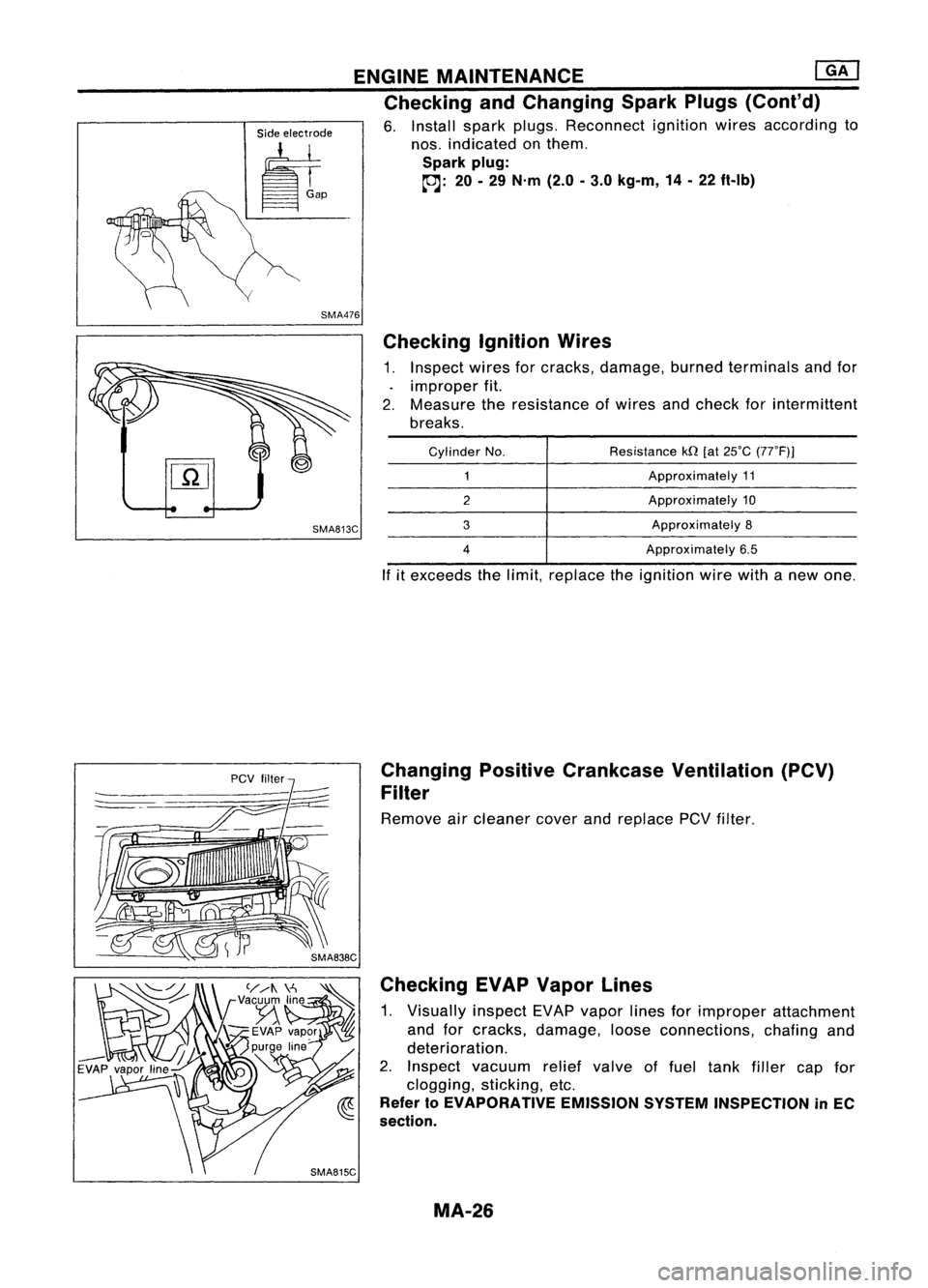 NISSAN ALMERA N15 1995  Service Manual SMA476

Side
electrode

It, ENGINE
MAINTENANCE ~
Checking andChanging SparkPlugs(Cont'd)

6. Install sparkplugs. Reconnect ignitionwiresaccording to
nos. indicated onthem.

Spark plug:
~: 20-29 N&