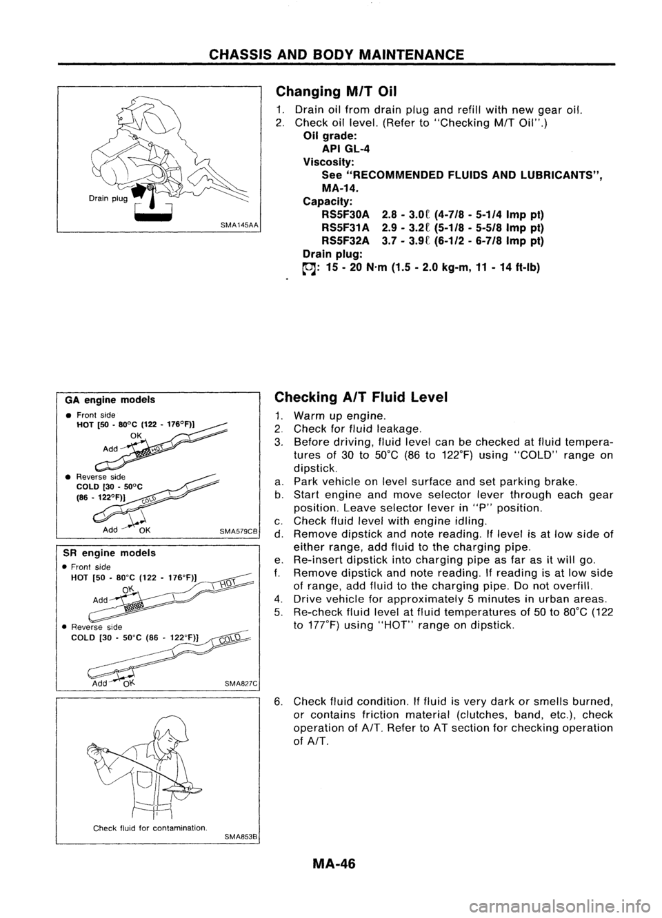 NISSAN ALMERA N15 1995  Service Manual CHASSISANDBODY MAINTENANCE

Changing 
MIT
Oil

1. Drain oilfrom drain plugandrefill withnewgear oil.
2. Check oillevel. (Refer to"Checking 
M/T
Oil".)
Oil grade:

API GL-4

Viscosity: See "