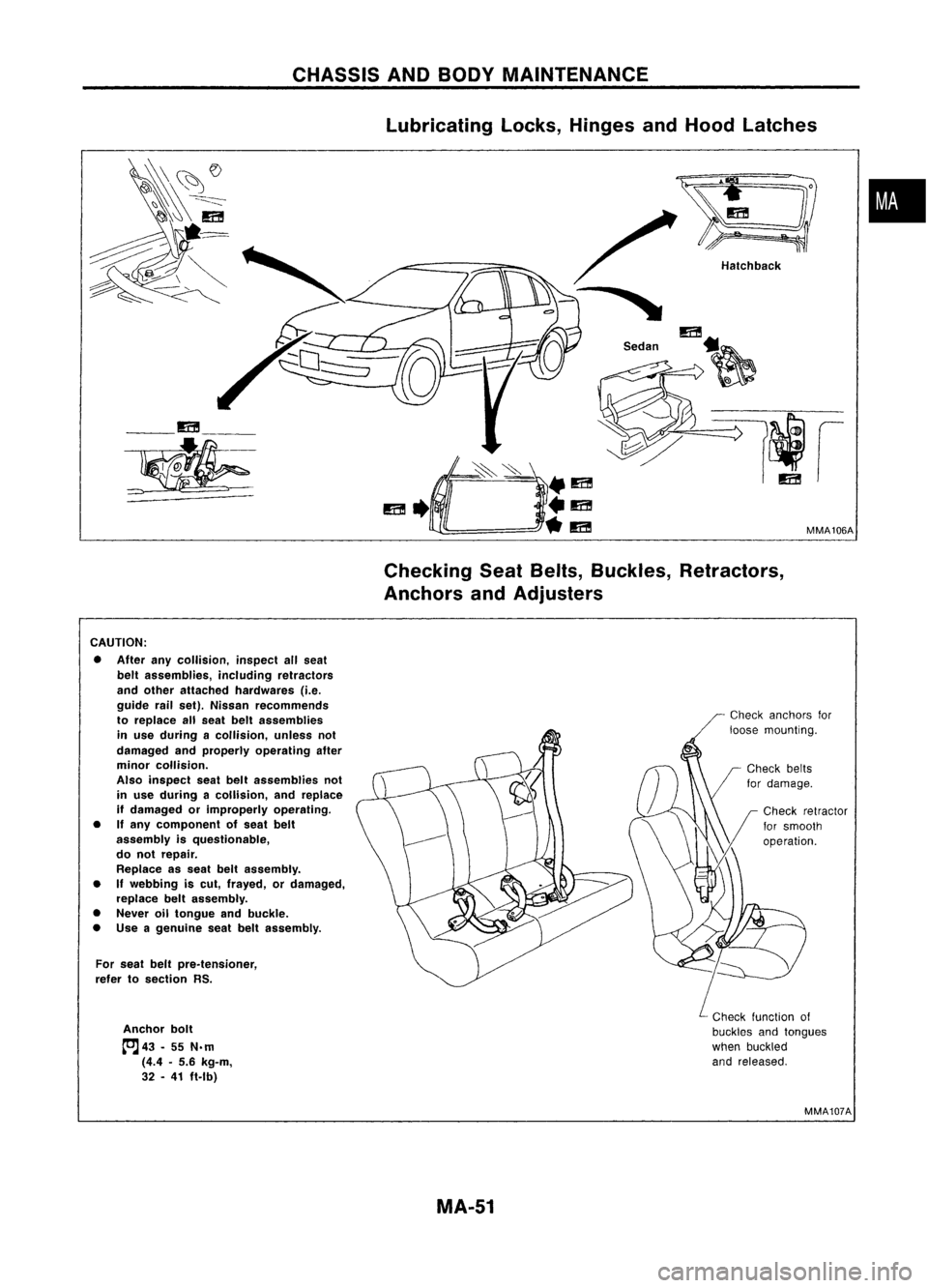 NISSAN ALMERA N15 1995  Service Manual CHASSISANDBODY MAINTENANCE
lubricating locks,Hinges andHood latches

•

MMA106A

Hatchback

/

" 
m

S.d" ~

__ m__

~
CheckingSeatBelts, Buckles, Retractors,
Anchors andAdjusters

CAUTION: 