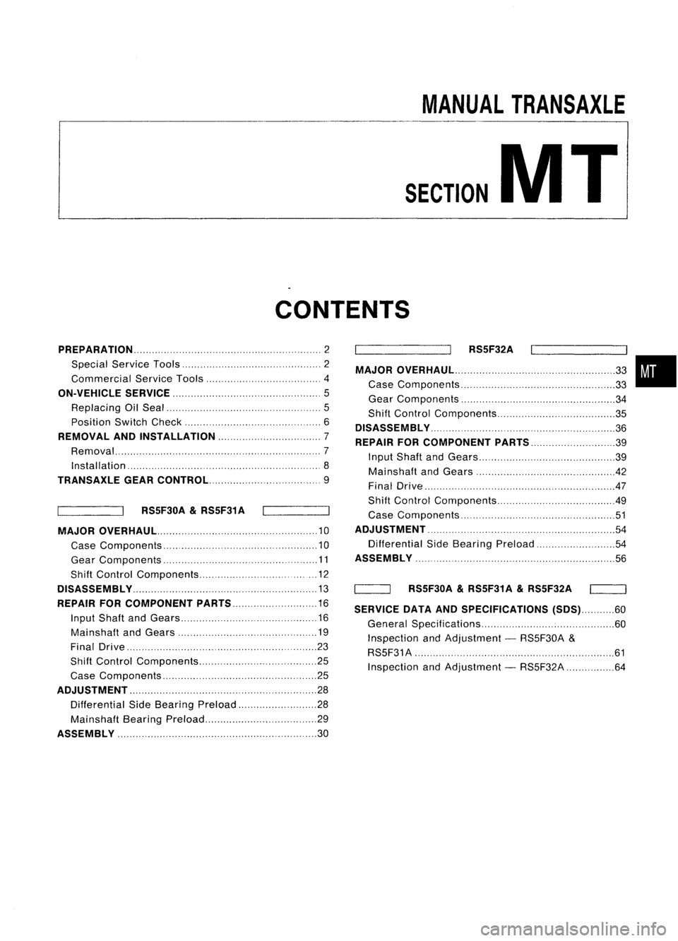 NISSAN ALMERA N15 1995  Service Manual 
MANUALTRANSAXLE
SECTION 
MT
CONTENTS
PREPARATION 2
Special Service Tools 2
Commercial ServiceTools 4
ON-VEHICLE SERVICE 
5

Replacing OilSeal 5
Position SwitchCheck 6
REMOVAL ANDINSTAllATION 7
Remova