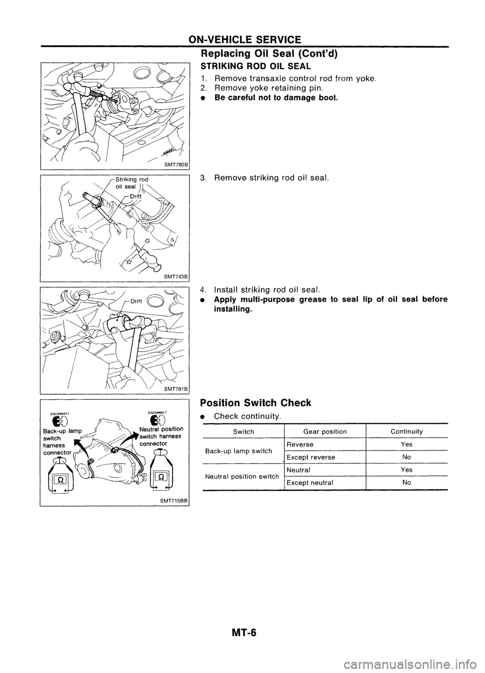 NISSAN ALMERA N15 1995  Service Manual SwitchGearposition Continuity
Reverse Yes
Back-up lampswitch
No
Except reverse
Neutral Yes
Neutral position switch
Exceptneutral No

3.
Remove strikingrodoilseal.

Position SwitchCheck

• Check cont