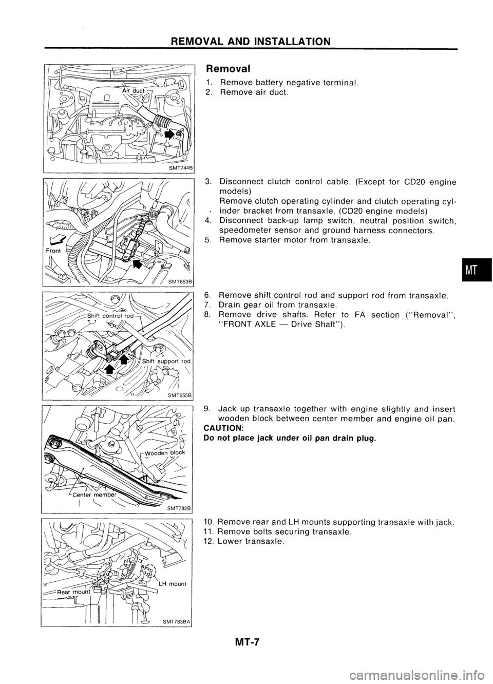 NISSAN ALMERA N15 1995  Service Manual REMOVALANDINSTALLATION
Removal 
1. Remove batterynegative terminal.
2. Remove airduct.
3. Disconnect clutchcontrol cable.(Except forCD20 engine
models)
Remove clutchoperating cylinderandclutch operati