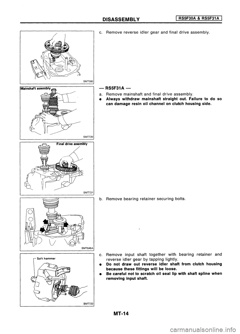 NISSAN ALMERA N15 1995  Service Manual DISASSEMBLY 
I

RS5F30A 
&
RS5F31 A
I

SMT580
SMT720 
c.
Remove reverseidlergear andfinal drive assembly.

- RS5F31A-

a. Remove mainshaft andfinal drive assembly.

• Always withdraw mainshaft strai