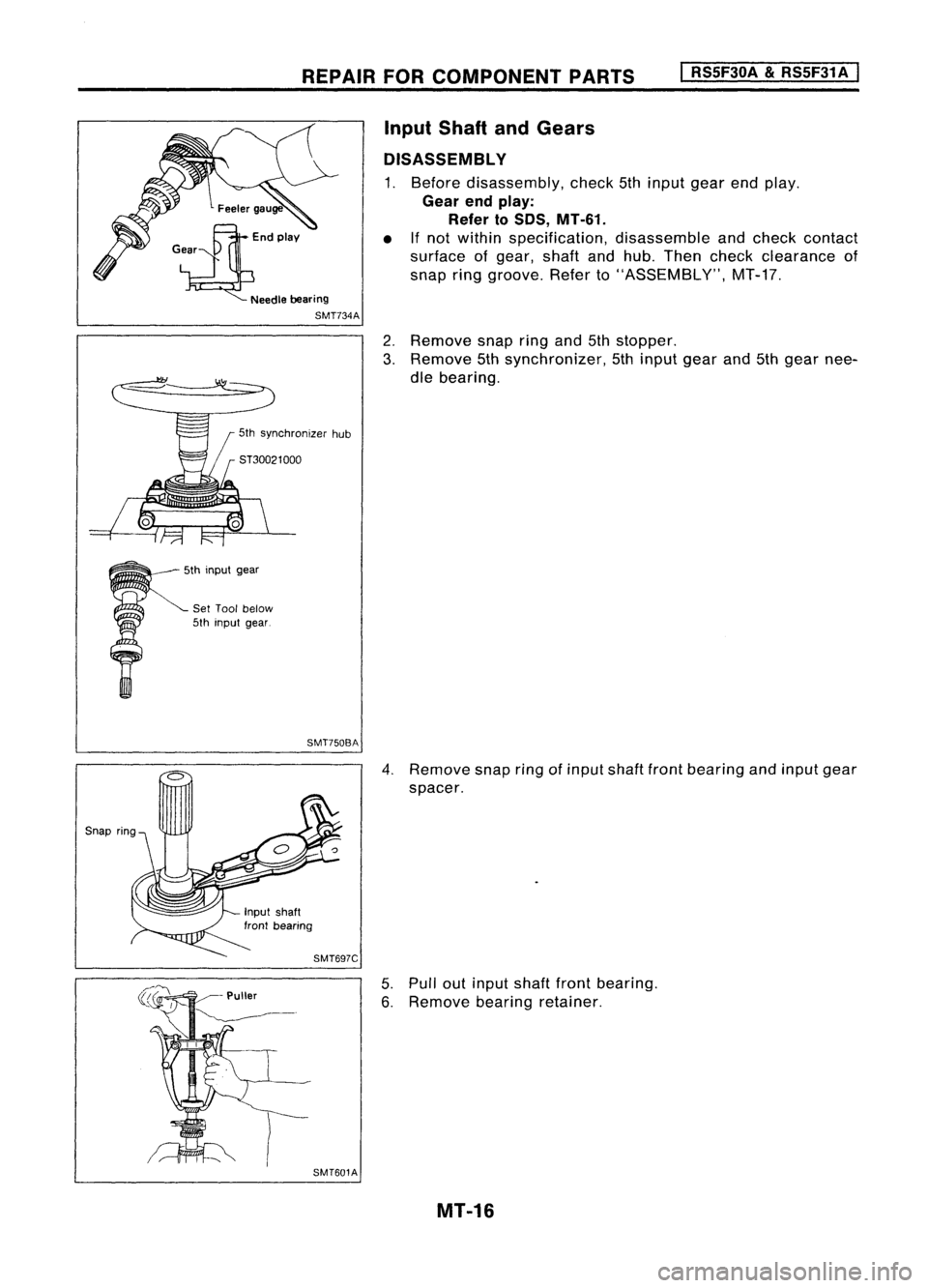 NISSAN ALMERA N15 1995  Service Manual REPAIRFORCOMPONENT PARTS
I

RS5F30A 
&
RS5F31 A
I

~EndPlaY

Gear
Needlebearing
SMT734A

5th synchronizer hub
Input
Shaft andGears
DISASSEMBLY 
1. Before disassembly, check5thinput gearendplay.

Gear 