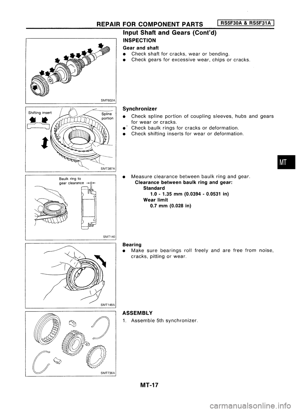 NISSAN ALMERA N15 1995  Service Manual 
Shiftinginsert

t 
Baulkringto
gear clearance 
REPAIR
FORCOMPONENT PARTS
I
RS5F30A 
&
RS5F31A 
I

Input Shaft andGears (Cont'd)
INSPECTION
Gear andshaft

• Check shaftforcracks, wearorbending.
