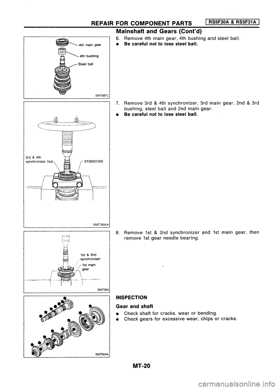 NISSAN ALMERA N15 1995  Service Manual SMT687C
Steel
ball

7.Remove 3rd
&
4th synchronizer, 3rdmain gear, 2nd
&
3rd
bushing, steelballand2nd main gear.

• Becareful nottolose steel ball.
REPAIR
FORCOMPONENT PARTS
I
RS5F30A 
&
RS5F31A 
I
