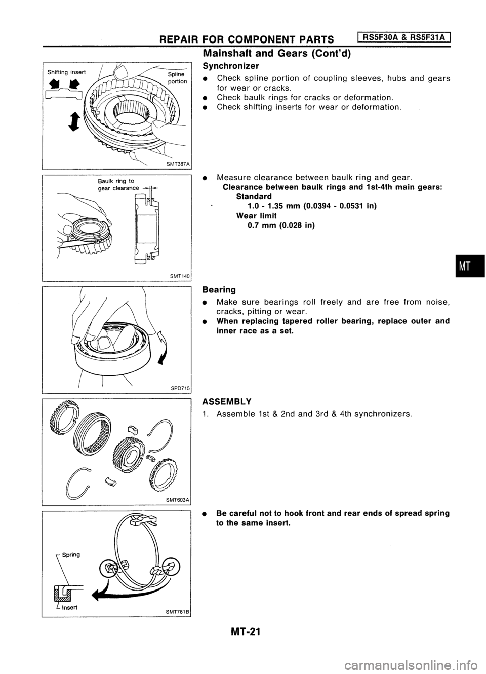 NISSAN ALMERA N15 1995  Service Manual 
Shiftinginsert

t 
Baulkringto
gear clearance 
REPAIR
FORCOMPONENT PARTS
I
RS5F30A 
&
RS5F31A 
I

Mainshaft andGears (Cont'd)
Synchronizer

• Check spline portion ofcoupling sleeves,hubsandgear