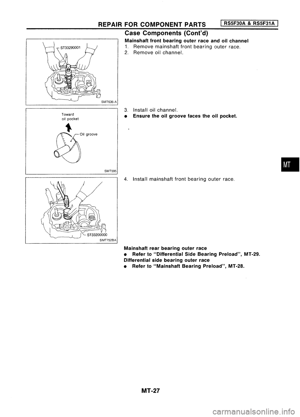 NISSAN ALMERA N15 1995  Service Manual Toward
oil pocket 
REPAIR
FORCOMPONENT PARTS
I
RS5F30A 
&
RS5F31A 
I

Case Components (Cont'd)
Mainshaft frontbearing outerraceandoilchannel

1. Remove mainshaft frontbearing outerrace.
2. Remove 