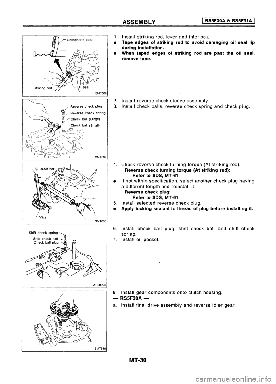 NISSAN ALMERA N15 1995  Service Manual ASSEMBLY
I

RS5F30A &RS5F31 A
I

SMT648AA 
1.
Install striking rod,lever andinterlock.

• Tape edges ofstriking rodtoavoid damaging oilseal lip
during installation.
• When taped edges ofstriking r