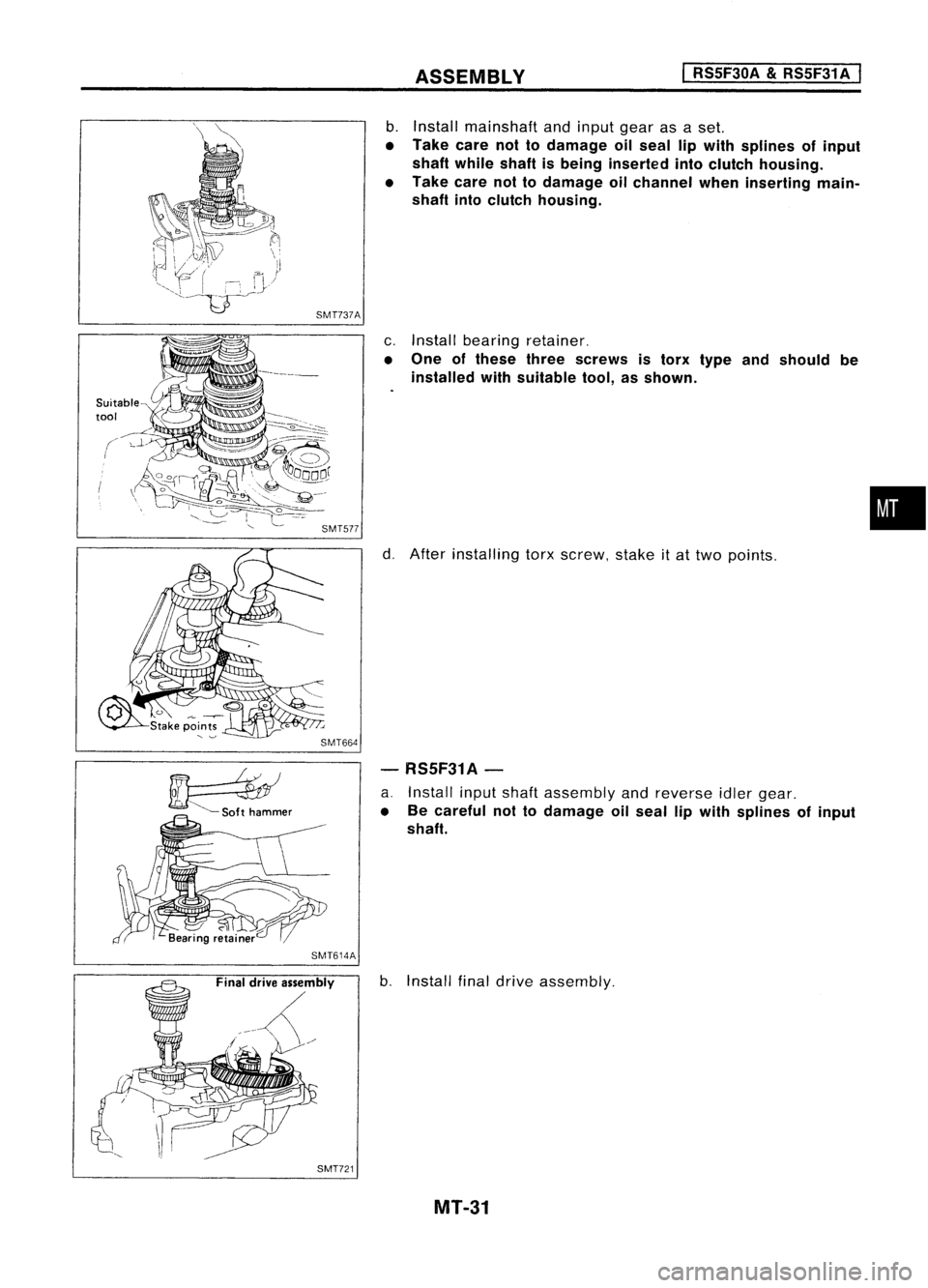 NISSAN ALMERA N15 1995  Service Manual ASSEMBLY
I

RS5F30A 
&
RS5F31 A
I

Suitable

tool 
SMT737A
SMT664
~ "--Soft hammer
SMT614A
Final driveassembly
/{(/
SMT721
b.
Install mainshaft andinput gearasaset.

• Take carenottodamage oilse