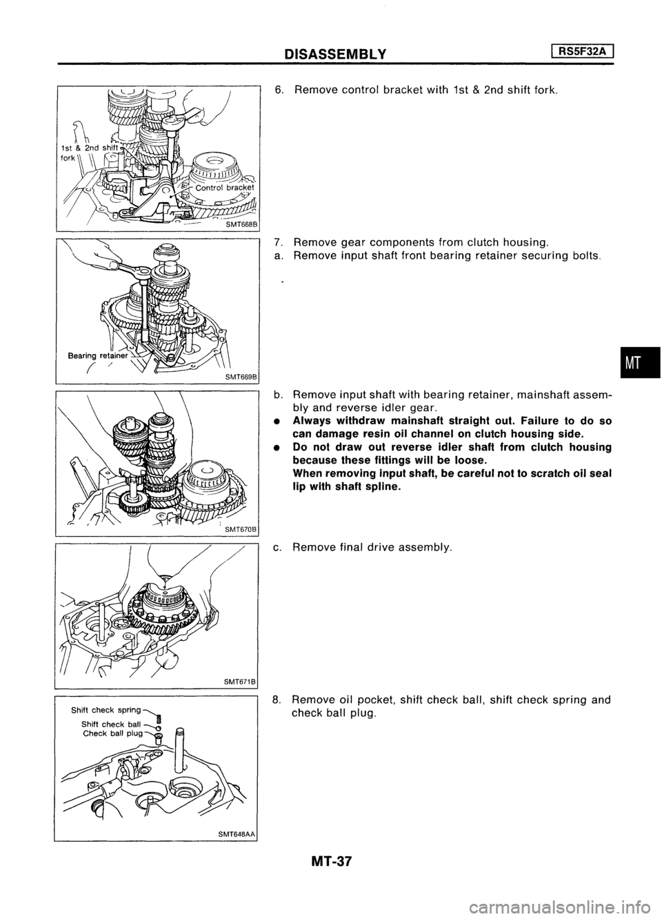 NISSAN ALMERA N15 1995  Service Manual DISASSEMBlY 
I

RS5F32A 
I

SMT6708
SMT6718
SMT64BAA 
6.
Remove controlbracket with1st
&
2nd shift fork.
7. Remove gearcomponents fromclutch housing.
a. Remove inputshaftfrontbearing retainer securing