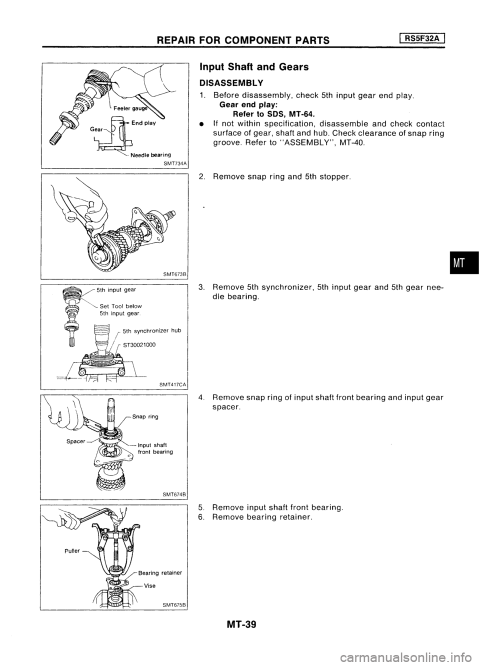 NISSAN ALMERA N15 1995  Service Manual REPAIRFORCOMPONENT PARTS 
I

RS5F32A 
I

•

Input
Shaft andGears
DISASSEMBL Y

1. Before disassembly, check5thinput gearendplay.

Gear endplay:
Refer to50S, MT-64.

• Ifnot within specification, d
