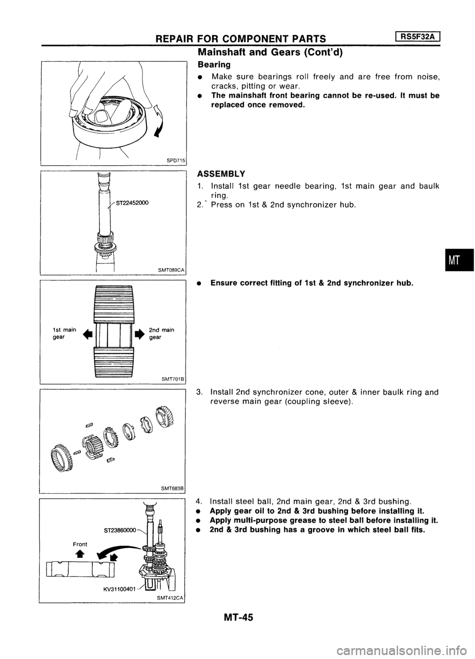 NISSAN ALMERA N15 1995  Service Manual SPD715 
•

I

RS5F32A 
I

Ensure correct fittingof1st 
&
2nd synchronizer hub.
ASSEMBLY

1. Install 1stgear needle bearing, 1stmain gearandbaulk
ring.
2. Press on1st 
&
2nd synchronizer hub.

•
SM