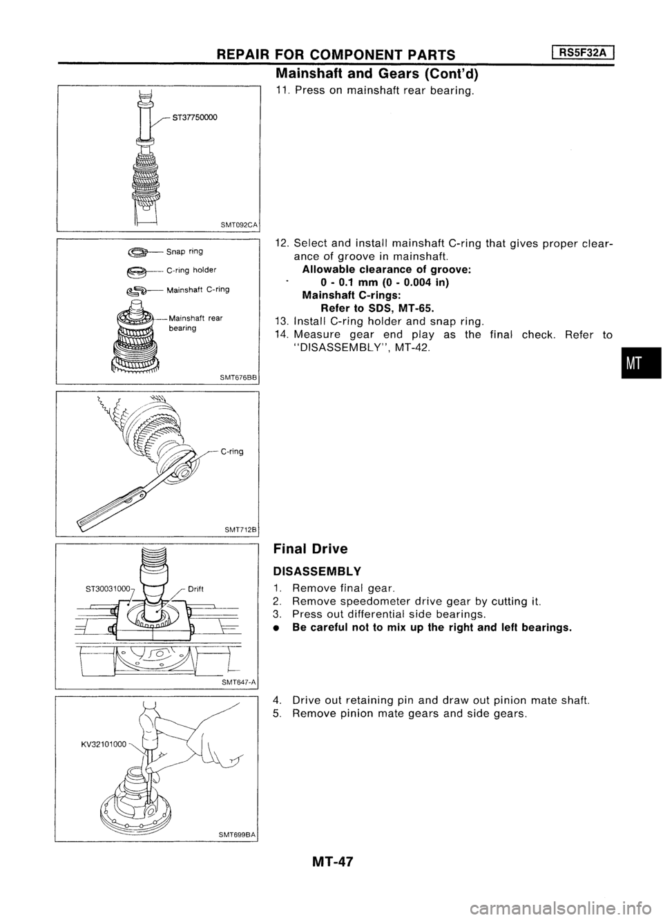 NISSAN ALMERA N15 1995  Service Manual SMT092CA
REPAIR
FORCOMPONENT PARTS
Mainshaft andGears (Cont'd)

11. Press onmainshaft rearbearing.

•

I

RS5F32A 
I

12. Select andinstall mainshaft C-ringthatgives proper clear-
ance ofgroove 