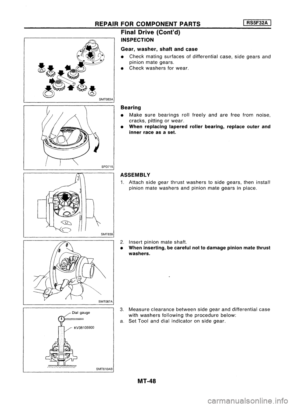 NISSAN ALMERA N15 1995  Service Manual SPD715
SMT083A
ASSEMBLY
1. Attach sidegear thrust washers toside gears, theninstall
pinion matewashers andpinion mategears inplace.

I

RS5F32A 
I

Gear, washer, shaftandcase

• Check mating surface