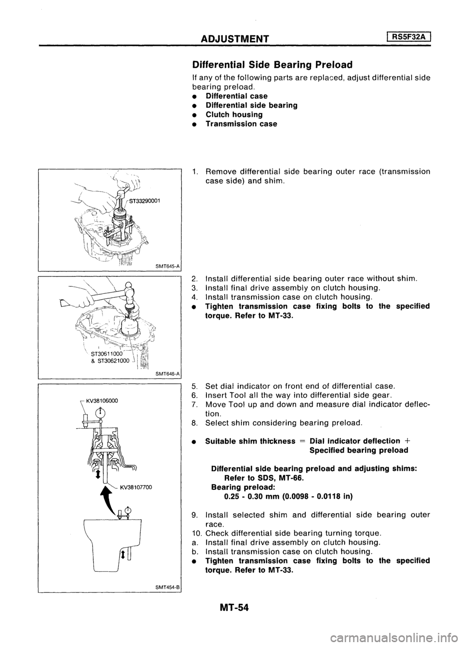 NISSAN ALMERA N15 1995  Service Manual ADJUSTMENT
I

RS5F32A 
I

SMT646-A
SMT454-B Differential
SideBearing Preload

If any ofthe following partsarereplaced, adjustdifferential side
bearing preload.

• Differential case
• Differential 