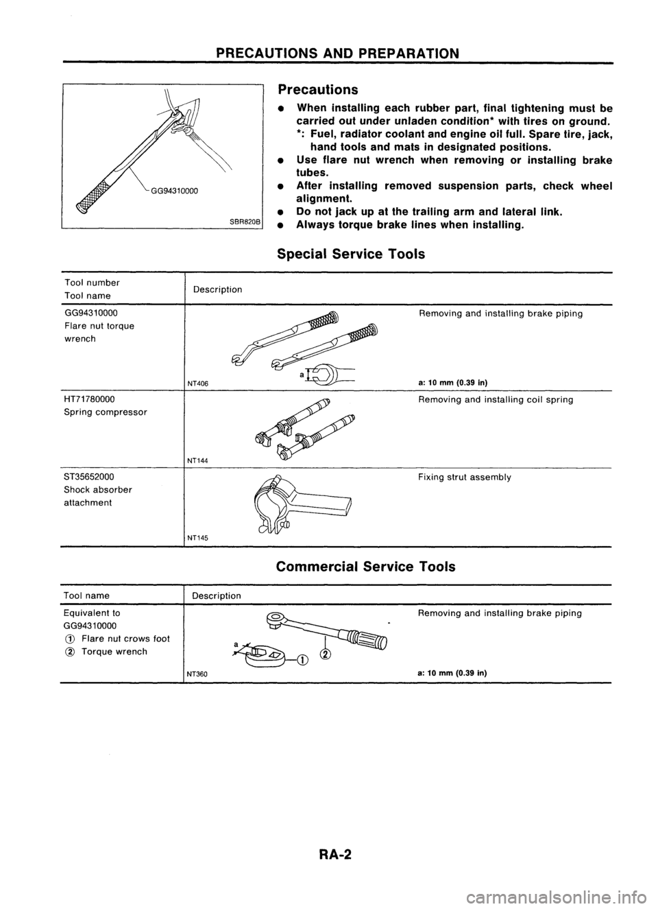 NISSAN ALMERA N15 1995  Service Manual PRECAUTIONSANDPREPARATION
SBR820B Precautions
• When installing eachrubber part,finaltightening mustbe
carried outunder unladen condition* withtires onground.

*: 
Fuel, radiator coolantandengine oi