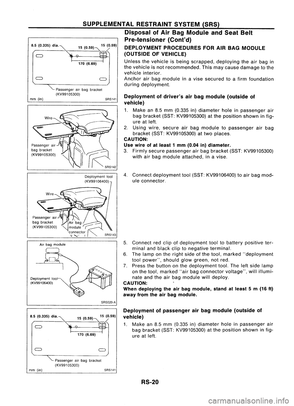 NISSAN ALMERA N15 1995  Service Manual 
"'-Passenger airbag bracket

(KV99105300) Deploymentofdriver's airbag module (outside of
vehicle)

1. Make an8.5 mm (0.335 in)diameter holeinpassenger air
bag bracket (SST:KV99105300) att