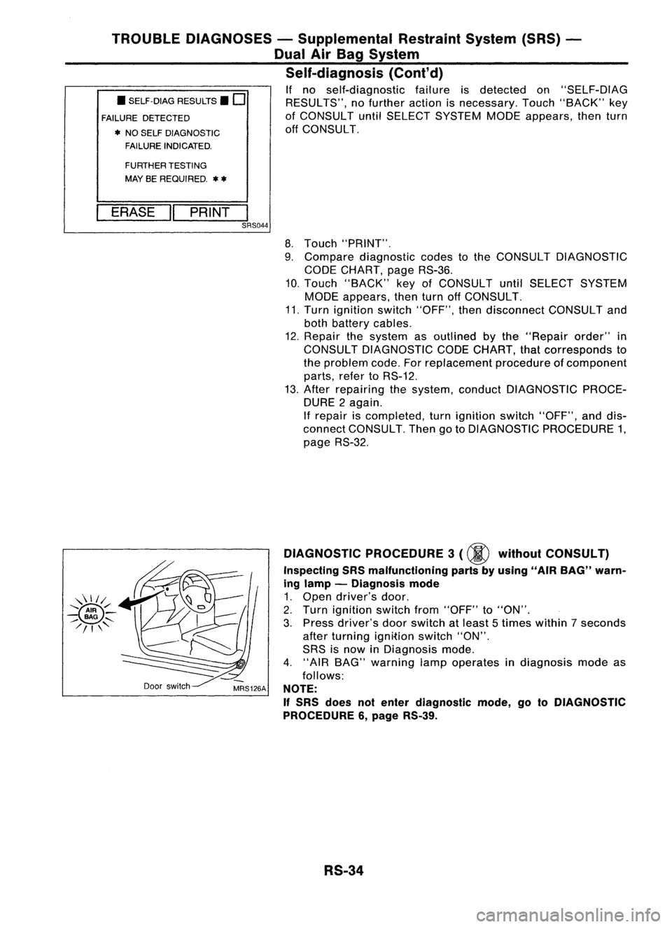 NISSAN ALMERA N15 1995  Service Manual •SELF-DIAG RESULTS. 
0

FAILURE DETECTED
• NO SELF DIAGNOSTIC
FAILURE INDICATED.
TROUBLE
DIAGNOSES -Supplemental RestraintSystem(SRS)-
Dual AirBag System
Self-diagnosis (Cont'd)

If no self-di