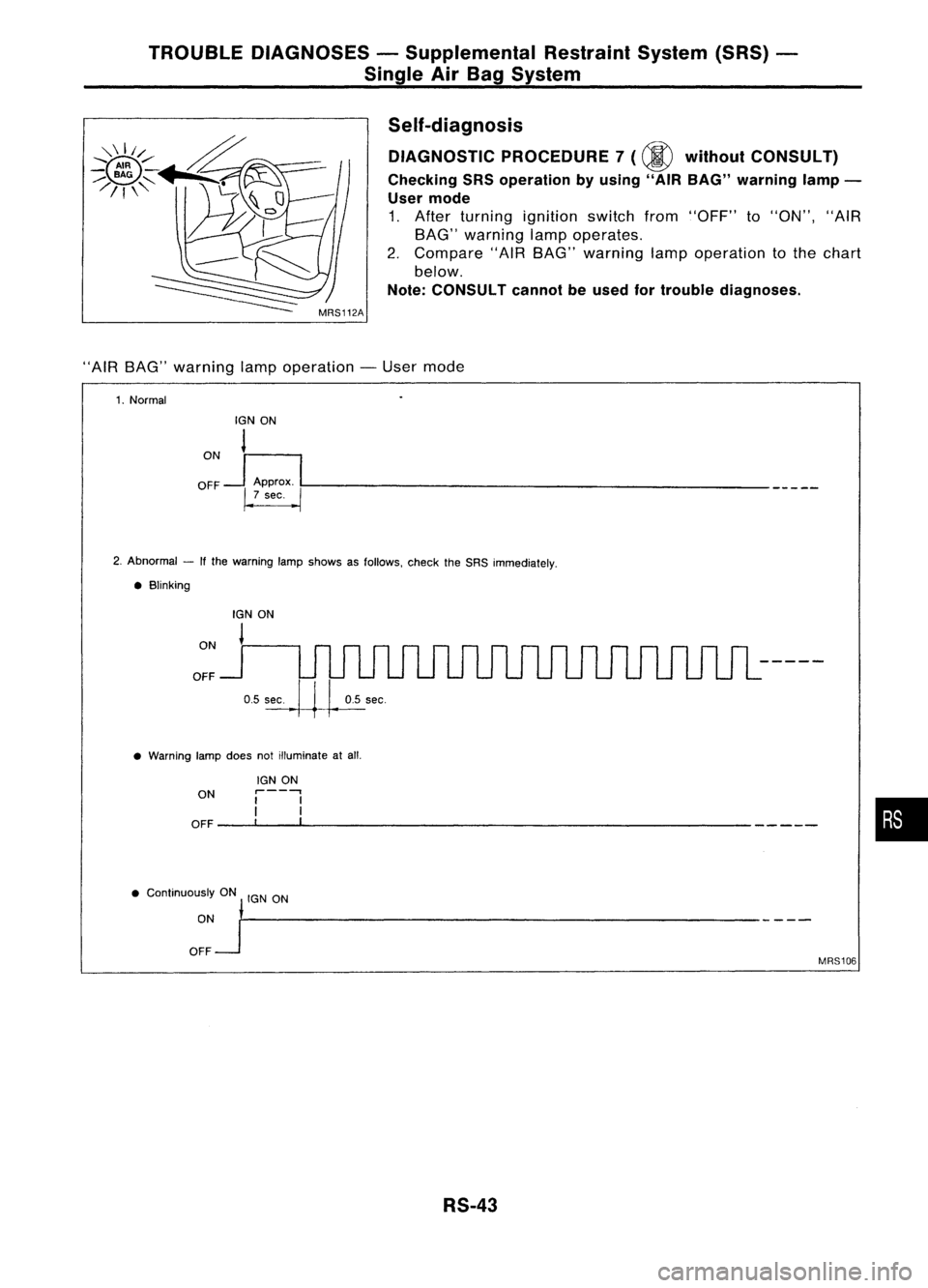 NISSAN ALMERA N15 1995  Service Manual TROUBLEDIAGNOSES -Supplemental RestraintSystem(SRS)-
Single AirBag System
Self-diagnosis
DIAGNOSTIC PROCEDURE 7
(@ 
without CONSULT)
Checking SRSoperation byusing "AIRBAG" warning lamp-
User m