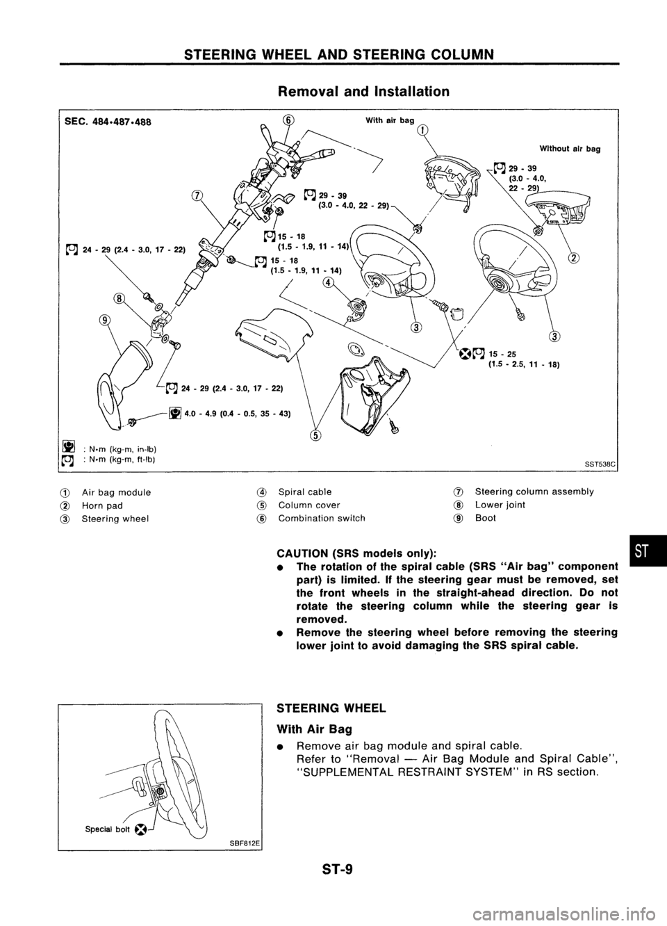 NISSAN ALMERA N15 1995  Service Manual STEERINGWHEELANDSTEERING COLUMN
Removal andInstallation

SEC. 484.487.488

_~ ~4.0-4.9 (0.4 -0.5, 35-43)

ij] :
N.m (kg-m, in-Ib)

co;J :
N.m (kg-m. ft-Ib) With
airbag
Withoutairbag

SST538C

G) 
Airb