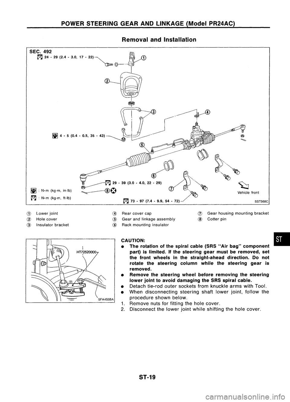 NISSAN ALMERA N15 1995  Service Manual POWERSTEERING GEARANDLINKAGE (ModelPR24AC)
Removal andInstallation

~ :N.m (kg-m, in-Ib)

[O.J :
N. m (kg-m, ft-Ib) 
~~.~

';'-------t"J 
29•39 (3.0 •4.0, 22~ ~.'.. ~"'-

: