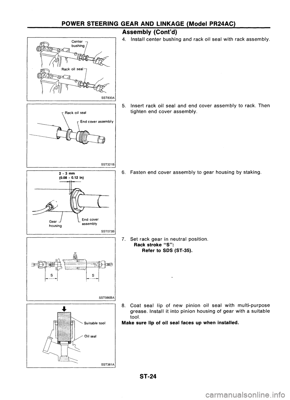NISSAN ALMERA N15 1995  Service Manual POWERSTEERING GEARANDLINKAGE (ModelPR24AC)
Assembly (Conl'd)

4. Install center bushing andrack oilseal with rackassembly.

SST830A 
5.Insert rackoilseal andendcover assembly torack. Then
tighten 