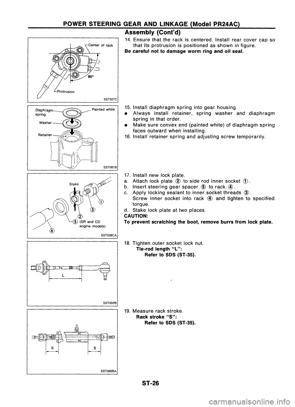 NISSAN ALMERA N15 1995  Service Manual POWERSTEERING GEARANDLINKAGE (ModelPR24AC)
Assembly (Cont'd)

14. Ensure thattherack iscentered. Installrearcover capso
that itsprotrusion ispositioned asshown infigure.

Be careful nottodamage wo