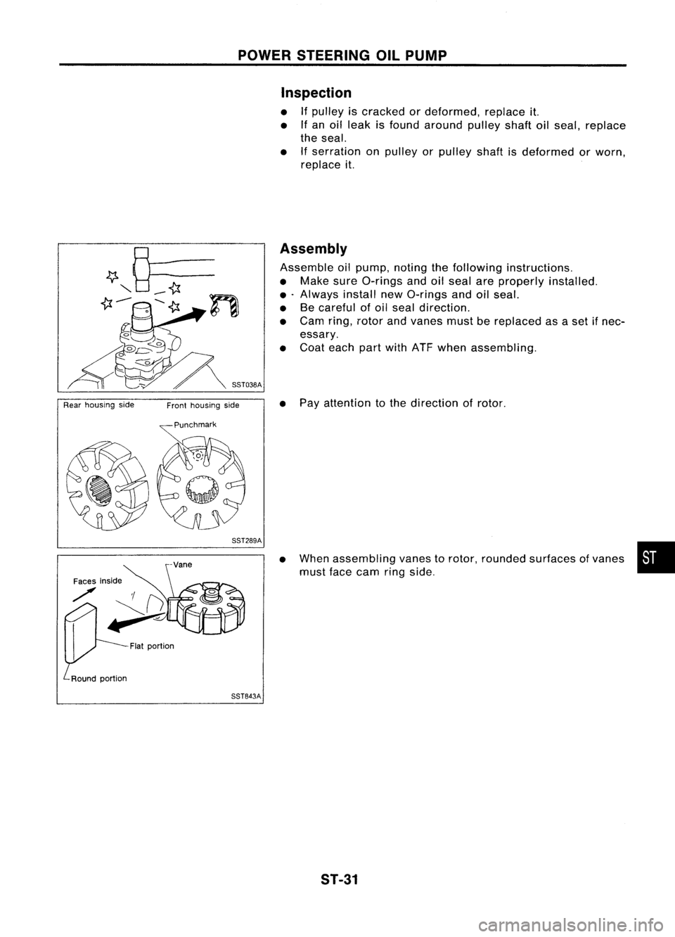 NISSAN ALMERA N15 1995  Service Manual POWERSTEERING OILPUMP
Inspection

• Ifpulley iscracked ordeformed, replaceit.
• Ifan oil leak isfound around pulleyshaftoilseal, replace
the seal.
• Ifserration onpulley orpulley shaftisdeformed